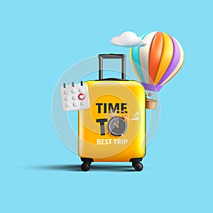 Travel concept with travel suitcase, hot air balloon and calendar, time to travel banner with alarm clock, yellow