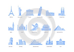 Travel concept. Vector flat illustration set. Collection of blue famous landmark symbol with name isolated on white background.