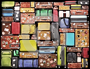 Travel concept. Wall of various styles of suitcases