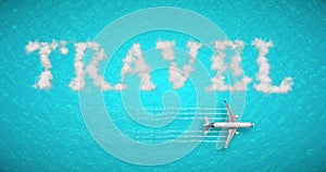 Travel concept written on tropical caribbean sea with tourism airplane fly near it holiday, abstract travel concept
