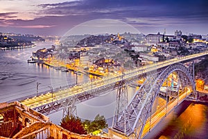 Travel Concepts and Ideas. Dom Luis I Bridge in Porto in Portugal During Golden Hour With Passing Trains