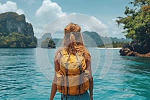 Travel Content Creator Concept. Traveler Girl with a Backpack on her Back Looks at the Sea or Ocean extreme closeup. Generative AI