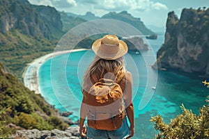 Travel Content Creator Concept. Traveler Girl with a Backpack on her Back Looks at the Sea or Ocean extreme closeup. Generative AI