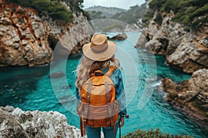 Travel Content Creator Concept. Traveler Girl with a Backpack on her Back Looks at the Sea or Ocean extreme closeup. Generative AI