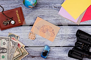 Travel and correspondence concept flat lay.