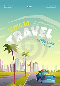 Travel coupon with summer landscape, town and car