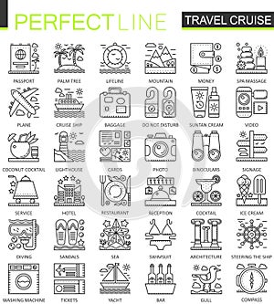 Travel cruise outline concept symbols. Perfect thin line icons. Modern stroke linear style illustrations set.
