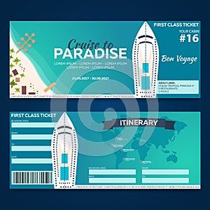 Travel. Cruise to Paradise. Ticket. Cruise liner. Ship. Vector flat illustration.