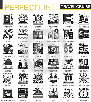 Travel cruise vacation black mini concept icons and infographic symbols set