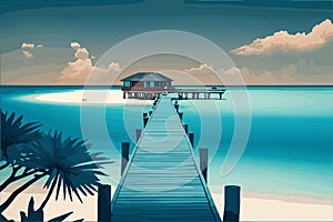 Travel design, ponton and hut on the beach on the beach with a white sand illustration.