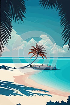 Travel design, ponton pier on white the beach on the beach with a white sand illustration.