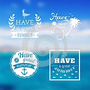 Travel design set of summer vacation logo. Ocean backdrop. Vector. Editable. Blurred. Typography label, Lettering, Typography quot