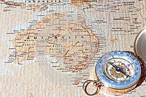 Travel destination Australia, ancient map with vintage compass