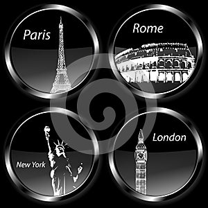 Travel destination badges icons, set with Paris, London, Rome and New York