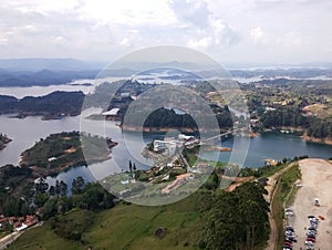Travel destination in Colombia, Guatape lakes. Landscape of islands and mountains
