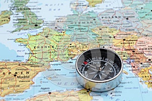 Travel destination France, map with compass