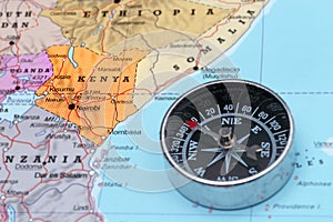 Travel destination Kenya, map with compass