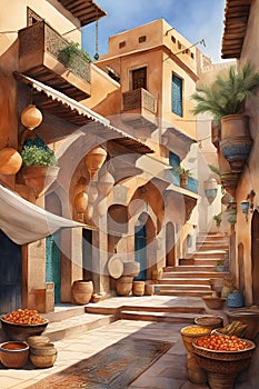 A travel destination of marocco, the beautiful city with natural lights, flattering effects, watercolor, unique, printable photo