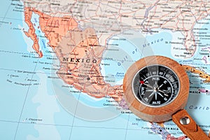 Travel destination Mexico, map with compass