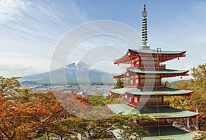 Travel destination - Mt. Fuji with red pagoda in Spring, Fujiyoshida, Japan