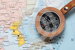 Travel destination North and South Korea, map with compass