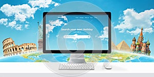 Travel destination online concept. Web site with search app and famous world sights behind the globe in the background