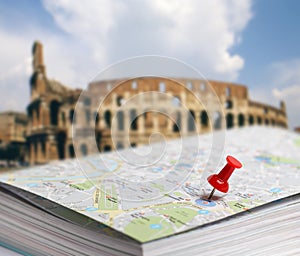 Travel destination Rome map push pin blur