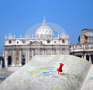 Travel destination Rome map push pin blur