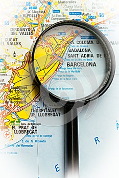 Travel destination search, Barcelona, Spain. Located on the road map