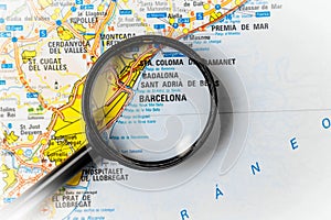 Travel destination search, Barcelona, Spain. Located on the road map