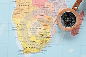 Travel destination South Africa, map with compass