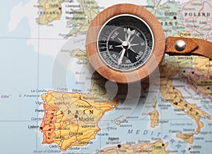 Travel destination Spain, map with compass