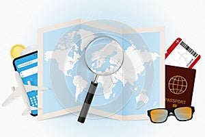 Travel destination Sweden, tourism mockup with travel equipment and world map with magnifying glass on a Sweden