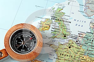 Travel destination United Kingdom and Ireland, map with compass