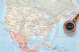 Travel destination United States, map with compass