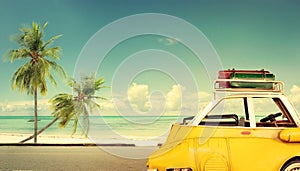 Travel destination: vintage classic car parked near the beach with bags on a roof