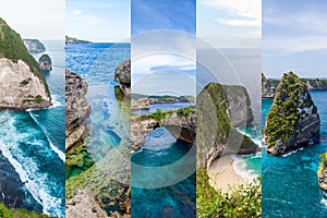 Travel destinations Bali: collage popular must see places of Nusa Penida island