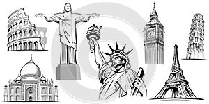 Travel destinations-famous placesNYC, London Big Ben, Rome-Coliseum, Paris-Eiffel Tower, Rio de Janeiro-Jesus Statue, NYC-Statue o