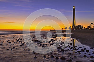Travel Destinations. Lighthouse of Maspalomas At Gran canaria Island Known as  Faro de Maspalomas at Sunset During Blue Hour With