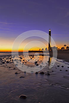 Travel Destinations. Lighthouse of Maspalomas At Gran canaria Island Known as  Faro de Maspalomas at Sunset During Blue Hour With