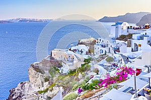 Travel Destinations. Picturesque Breathtaking View of Caldera Volcanic Slope of Oia Village in Santorini Island in Greece