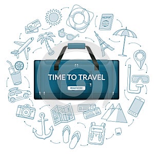 Travel duffle luggage bag with the set of tourism, summer vacation icons. Time to travel concept vector illustration