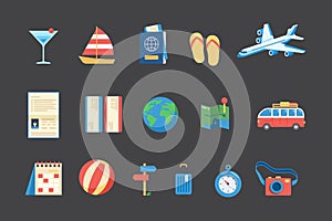 Travel element flat color icons set. summer travelling objects line concept vector