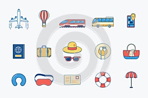 Travel elements icons set. summer travelling objects flat concept vector