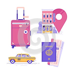 Travel elements set. Passport and tickets. Yellow public taxi cab. Hotel or hostel. Suitcase. Vector illustration