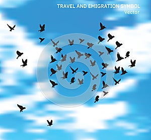 Travel and emigration birds symbol in blue clouds sky. photo
