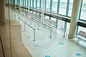 Travel, empty and floor of an airport building with space, architecture and waiting room for a plane. Design, clean and