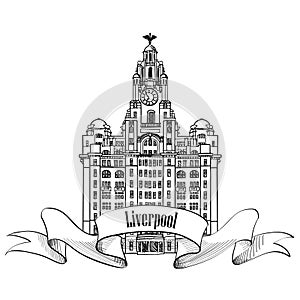 Travel England sign. Liverpool Liver Building, UK, Great Britan. English city famous building. Vector label isolated.