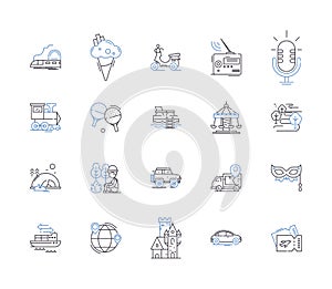 Travel and entertainment outline icons collection. Tourism, Vacation, Leisure, Cruise, Adventure, Sightseeing, Amusement