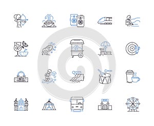 Travel and entertainment outline icons collection. Tourism, Vacation, Leisure, Cruise, Adventure, Sightseeing, Amusement